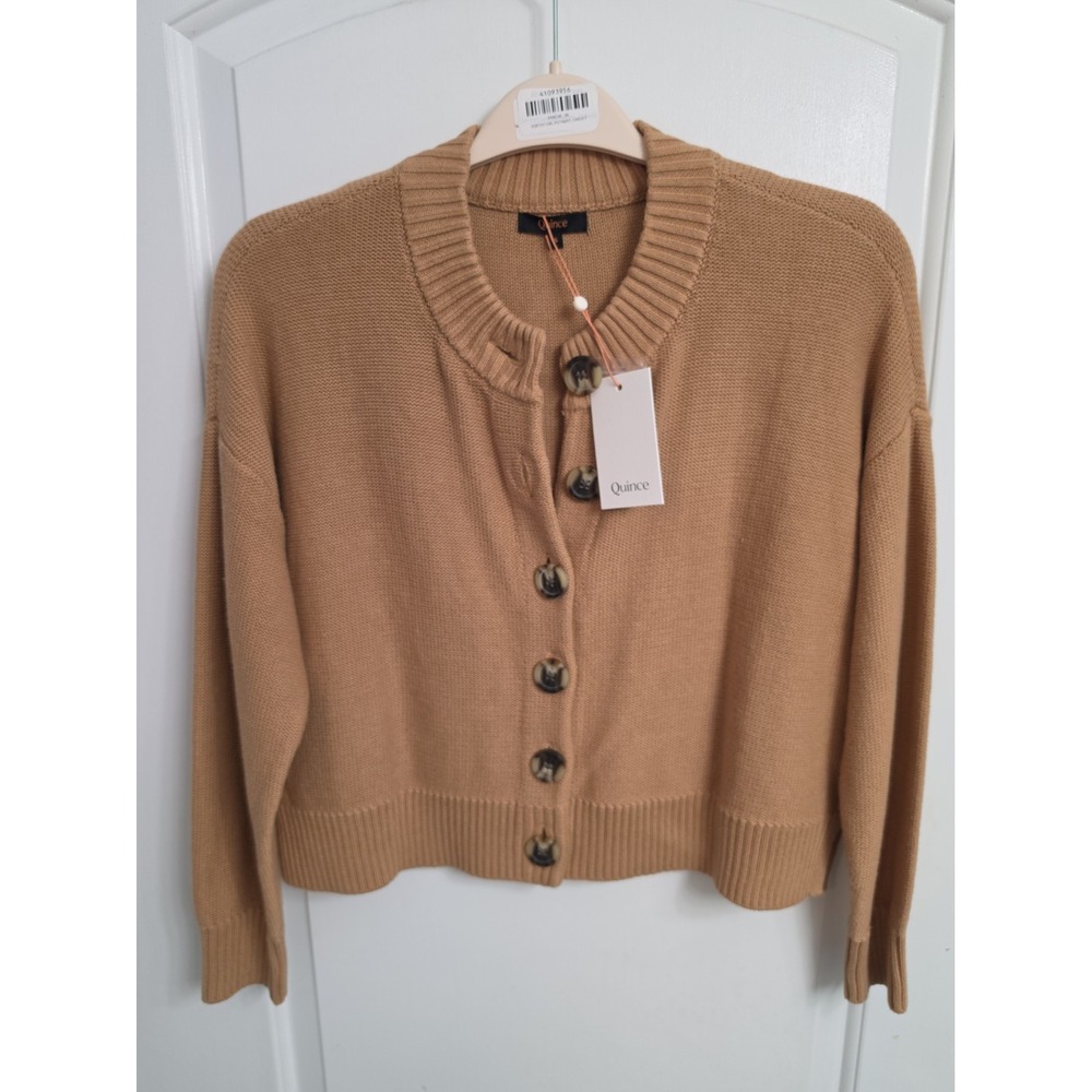 QUINCE Cropped Cardigan Sweater Sz Small Organic Cotton Tan Button Up Boxy NWT